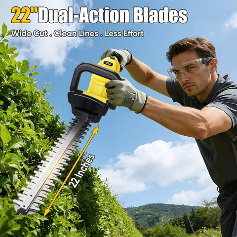 Man using 22 Inch Cordless Hedge Trimmer With Dual Action SK5 Blades And 2x4.0Ah Batteries And Charger Included in garden