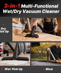 Heavy Duty Eight Gallon Wet And Dry Shop Vacuum With Badass Four Point Five Peak Horsepower Motor cleaning sawdust, liquid spill and leaves.
