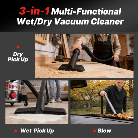 Heavy Duty Eight Gallon Wet And Dry Shop Vacuum With Badass Four Point Five Peak Horsepower Motor cleaning sawdust, liquid spill and leaves.