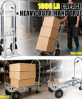3 In 1 Aluminum Convertible Hand Truck Dolly Heavy Duty Hauler With 800 To 1000 Lb Capacity All Terrain Pneumatic Tires And Smooth Swivel Casters For Easy Load Transport, upright mode with boxes
