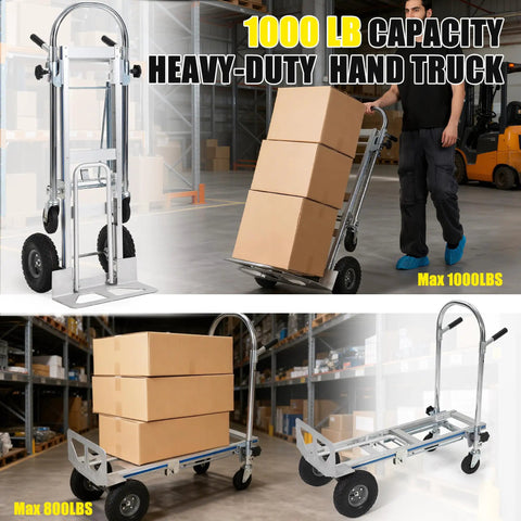 3 In 1 Aluminum Convertible Hand Truck Dolly Heavy Duty Hauler With 800 To 1000 Lb Capacity All Terrain Pneumatic Tires And Smooth Swivel Casters For Easy Load Transport, upright mode with boxes