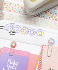 Killer Precision Donut Punch For Washi Tape And Paper Crafting Tool showing cut donut stickers sizes for ring binder repair.