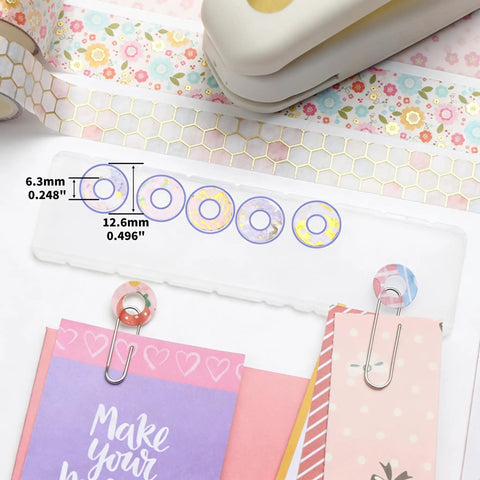 Killer Precision Donut Punch For Washi Tape And Paper Crafting Tool showing cut donut stickers sizes for ring binder repair.