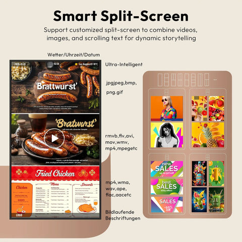 65 Inch Floor Standing Digital Signage 4K UHD Display Android 14 showing split-screen video and image layout for dynamic storytelling.