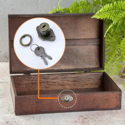 Heavy Duty Zinc Alloy Cabinet Drawer Lock With Antique Bronze Finish, Includes Secure Keys, Child Safe Furniture Hardware For Kitchen Pullout Drawers, Built Like A Tank With No Sweat Installation, inside a wooden box.
