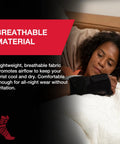 Woman sleeping wearing Adjustable Night Wrist Brace For Sleep With Comfy Cushioned Support And 360 Degree Coverage Left Or Right Fit One Size Fits Most Black Gentle Arm Compression For Pain Relief And Comfort