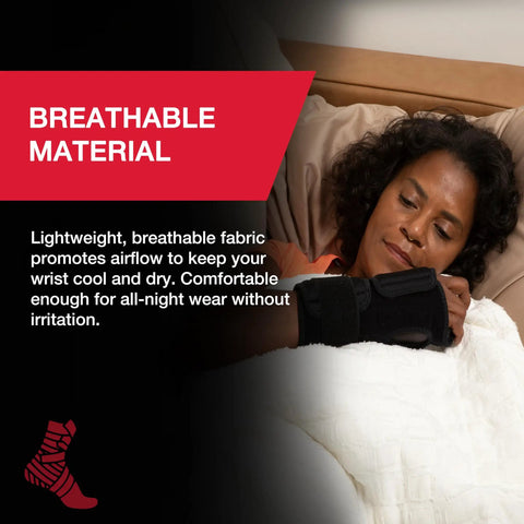 Woman sleeping wearing Adjustable Night Wrist Brace For Sleep With Comfy Cushioned Support And 360 Degree Coverage Left Or Right Fit One Size Fits Most Black Gentle Arm Compression For Pain Relief And Comfort