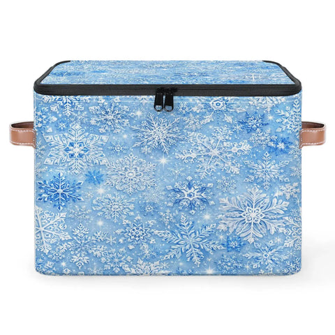 Heavy Duty Waterproof Polyester Storage Containers With A Slick Two Way Zipper Closure And Blue White Snowflake Design in view.