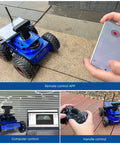 Jetson Nano Based AI Vision Robot Kit with Lidar and 7 inch touch screen depth camera shown with remote control app usage.
