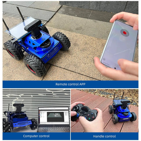 Jetson Nano Based AI Vision Robot Kit with Lidar and 7 inch touch screen depth camera shown with remote control app usage.