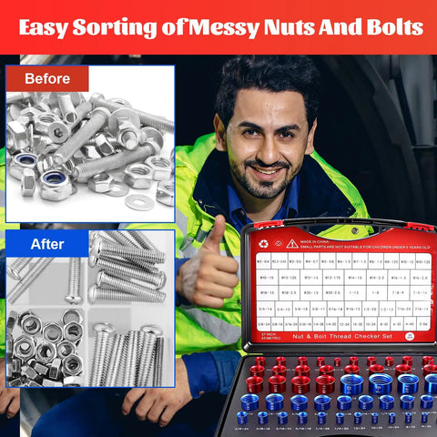 Man showing Killer Nut Bolt Thread Checker Kit 50 Pcs Standard And Metric Inch Size Gauges Detachable Screw Identifier