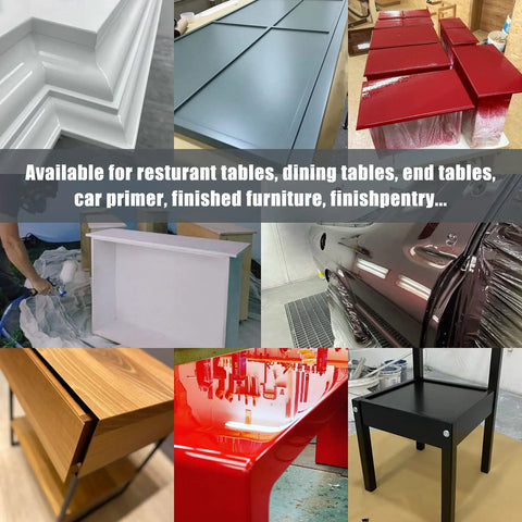 Collage of various furniture and car panels painted with Pro Grade HVLP Spray Gun Kit 1.7mm Nozzle 600cc Gravity Feed