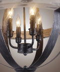 Close-up of a Boss Look Black Aspen Wrought Iron Globe Wood Chandelier with 4 lights and distressed wood finish
