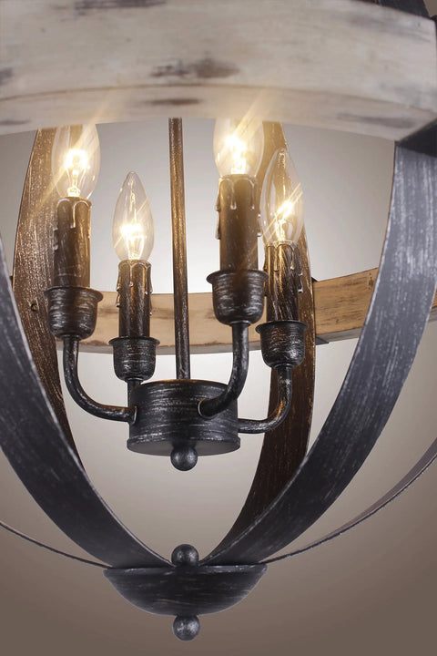Close-up of a Boss Look Black Aspen Wrought Iron Globe Wood Chandelier with 4 lights and distressed wood finish