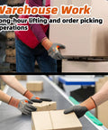 Two workers in warehouse wearing 12 Pairs Cut Resistant Work Gloves With PU Coating For ANSI A4 Level Protection handling boxes.