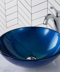 Round Blue Glass Vessel Bathroom Sink For Above Counter Installations With Easy To Clean Smooth Interior Durable Scratch Resistant Surface GV204