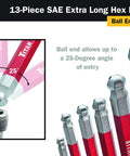 Extra Long Arm Ball End SAE Hex Key Set 13 Piece With S2 Steel Satin Plated Finish And Non Slip Grip Ball End For Up To 25 Degree Entry Angles