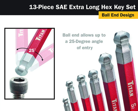 Extra Long Arm Ball End SAE Hex Key Set 13 Piece With S2 Steel Satin Plated Finish And Non Slip Grip Ball End For Up To 25 Degree Entry Angles