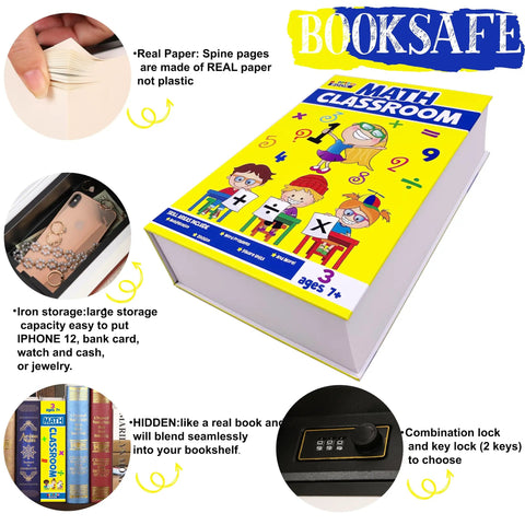 Blue Math Classroom Book Safe Featuring Authentic School Pages And Reliable Three Digit Combination Lock For Stealth Stash Storage And Slick Student Loot Vault with real paper pages and hidden storage.