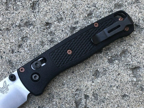 Kick Ass Copper Powder Coated Torx Screw Set Spice Up Your Blade With Slick Stainless Steel Fasteners on knife handle.