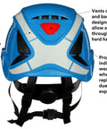 SecureFit Climbing Style Safety Helmet With Six Point Suspension Built For The Job Site Ventilated And Reflective Scotchlite in Blue ANSI X5003VX with rear vents and UV indicator.