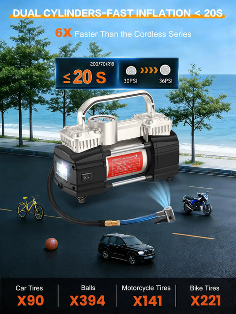 Beast Mode Heavy Duty Digital Tire Inflator 12V Portable Air Compressor Pump with LED light and dual cylinders for fast inflation.