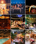 Outdoor Solar String Lights G40 Umbrella Lights, 27 Ft, 25 Shatterproof LEDs, illuminating various patio and garden scenes.
