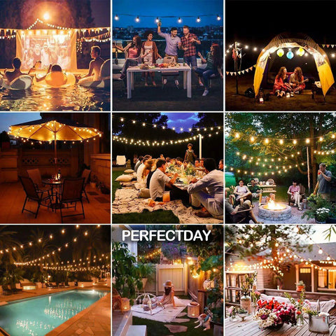 Outdoor Solar String Lights G40 Umbrella Lights, 27 Ft, 25 Shatterproof LEDs, illuminating various patio and garden scenes.