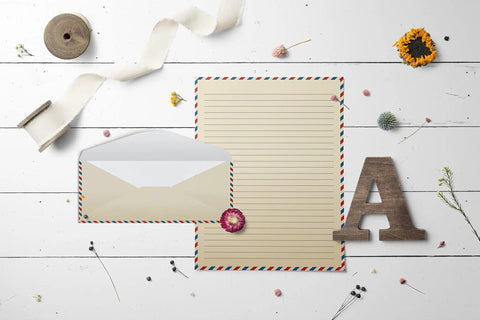 Vintage Airmail Stationery Set With Envelopes, 100-Piece Letter Size 8.5x11, Double-Sided Lined Paper on wooden desk