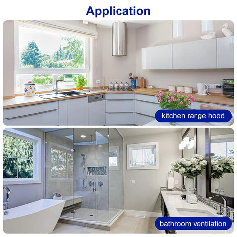 Modern kitchen and bathroom setup showcasing range hood and shower for ventilation applications