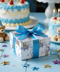 Gift wrapped in Blue Teddy Bear Hot Air Balloon Baby Wrapping Paper Roll For Baby Boy Birthday And Baby Shower Mini Roll 17 Inches
