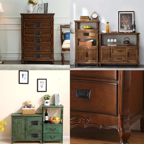 Wooden furniture with Two Pack Vintage Drawer Ring Pulls 3.78 Inch Black Zinc Alloy Cabinet Handles, shown in various cabinet setups.