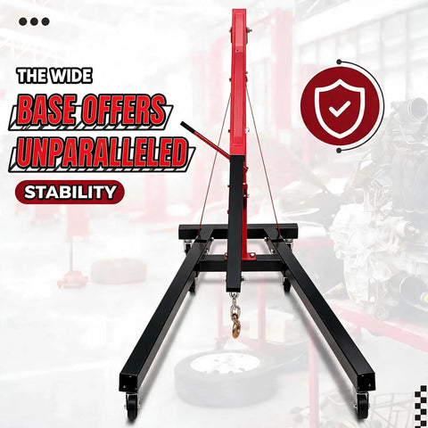 Top Shelf 2 Ton Hydraulic Engine Hoist Foldable Cherry Picker with quad position boom and wide base for stability.