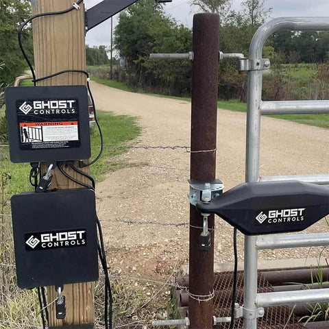 AXLC Security Kit Locking Clevis Pin For Automatic Gate Opener Systems installed on metal gate with Ghost Controls components