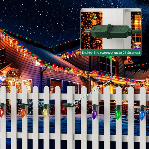 50Ft Outdoor String Lights With 27 Shatterproof Diamond Bulbs IP65 Waterproof Heavy Duty LED Patio Lights on a white fence.