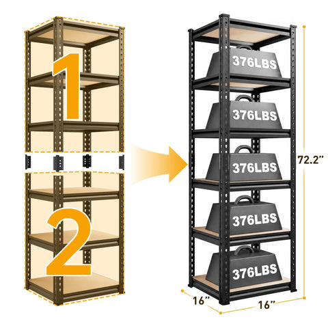 Heavy Duty 6 Tier Metal Storage Shelving Unit For Pantry Kitchen And Garage Each Shelf Holds Up To 376 Lbs Total Capacity 2256 Lbs Sturdy 5mm MDF Shelves With 5 Support Bars Adjustable Chrome Frame, black 6-tier rack, 16x16x72.2 in