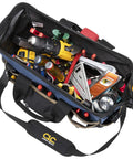 16 Inch Molded Base BigMouth Tote Tool Bag For Pros with open frame loaded with tools and ample inner pockets visible