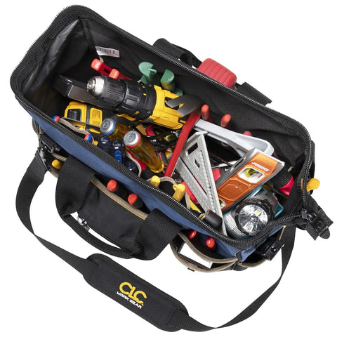 16 Inch Molded Base BigMouth Tote Tool Bag For Pros with open frame loaded with tools and ample inner pockets visible