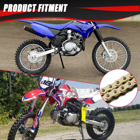 Gold 428 Drive Chain With 116 Links And Chain Breaker Tool For 110Cc To 125Cc Dirt Bikes ATVs Go Karts And 4 Wheelers Beefed Up Heavy Duty Performance Replacement shown with compatible dirt bikes.