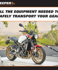 Motorcycle secured with Heavy Duty Ratchet Tie Down Straps Kit 1 Inch By 15 Feet Four Pack with Soft Loop Extensions.