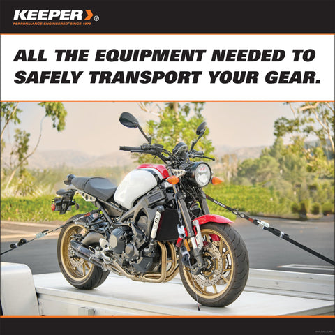Motorcycle secured with Heavy Duty Ratchet Tie Down Straps Kit 1 Inch By 15 Feet Four Pack with Soft Loop Extensions.