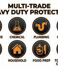 Multi-trade icons representing uses for Heavy Duty 10 Mil Black Nitrile Work Gloves With Raised Diamond Grip.