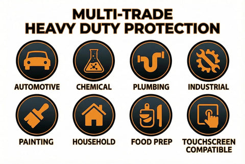 Multi-trade icons representing uses for Heavy Duty 10 Mil Black Nitrile Work Gloves With Raised Diamond Grip.