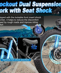 Lockout dual suspension fork and seat shock of Badass 9000W Dual Motor Electric Bike For Adults, enhancing comfort on rough terrain.