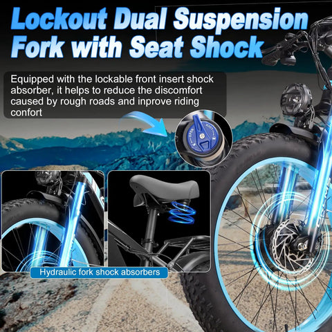Lockout dual suspension fork and seat shock of Badass 9000W Dual Motor Electric Bike For Adults, enhancing comfort on rough terrain.