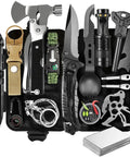 Survival Gear Kit for Men With 27 In 1 Complete Tools and Camping Accessories For Hiking Fishing And Emergency Situations Tactical Outdoor Pack Built For Real World Use Featuring Axe Fire Starter Compass Flashlight Emergency Blanket And More in a compact black case, showing various tools including axes, knives, and a flashlight.