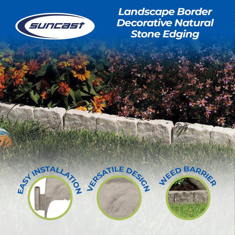 Interlocking Garden Border Edging Stone Look Poly Construction Water Resistant Easy Install shown in garden setting with flowers