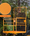 Heavy Hitter Forklift Safety Cage And Man Basket Tough Two Person Work Platform features non-slip orange floor design for stability.