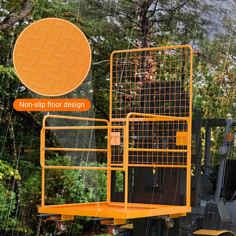 Heavy Hitter Forklift Safety Cage And Man Basket Tough Two Person Work Platform features non-slip orange floor design for stability.