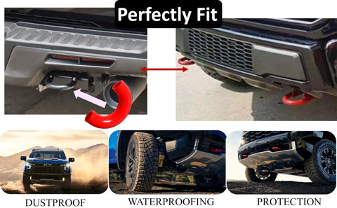 Red silicone Ford Tow Hook Cover For F150 2004 2025 Bronco Base Big Bend Outer Banks 2021 2025 And Toyota Tundra 2017 2021 Front Hitch Cover shown installed on truck